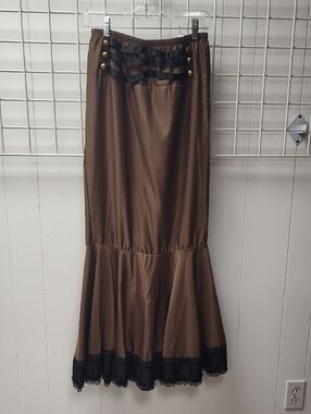 BURVogue STEAMPUNK Brown Maxi Skirt with Black Lace Trim and Gold Buttons, XL